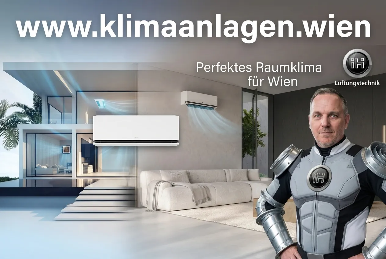 Perfektes Raumklima für Wien – der Lüftungsheld von IH Lüftungstechnik vor einem Wohnraum mit LG Klimaanlage