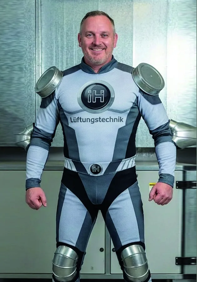 Der Lüftungsheld von IH Lüftungstechnik im Kostüm mit Lüftungsrohren